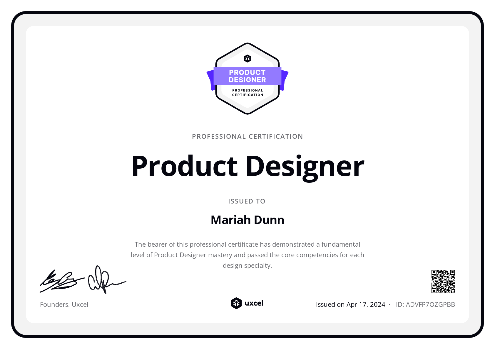 Mariah Ruth's certificate